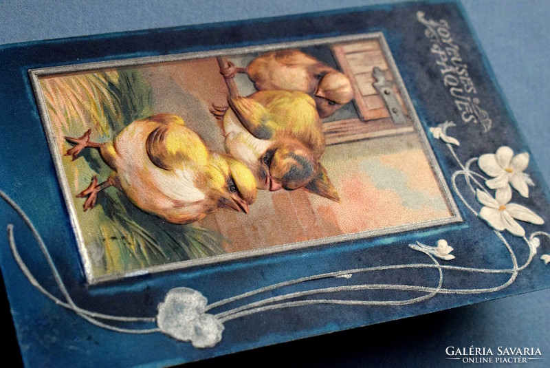 Antik szecessziós  dombornyomott Húsvéti üdvözlő képeslap   csibék