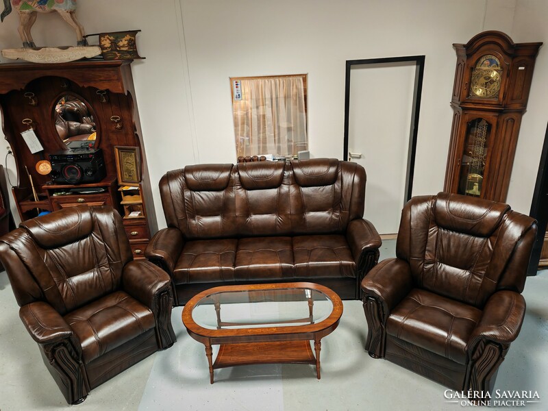 A sofa with a huge bed and two relax armchairs, a genuine leather seating set can be ordered