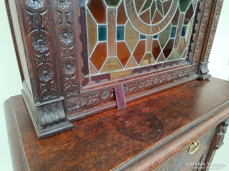 Antik ónémet bútor tálaló faragott konyhai színes ólomüveg tálaló szekrény kredenc 232 8452