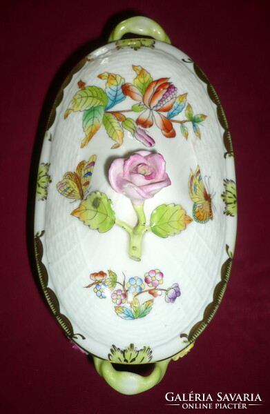 Viktória mintás Herendi porcelán bonbonier, 11x18x10 cm. méretekkel