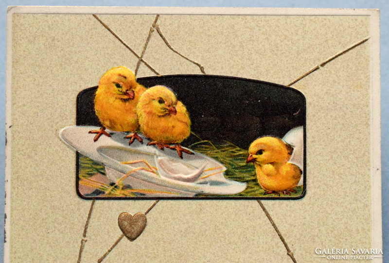 Antik dombornyomott Húsvéti üdvözlő képeslap   csibék