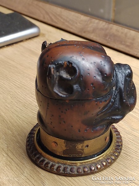 English Victorian 1870 wooden copper bulldog dog figural inkstand antique