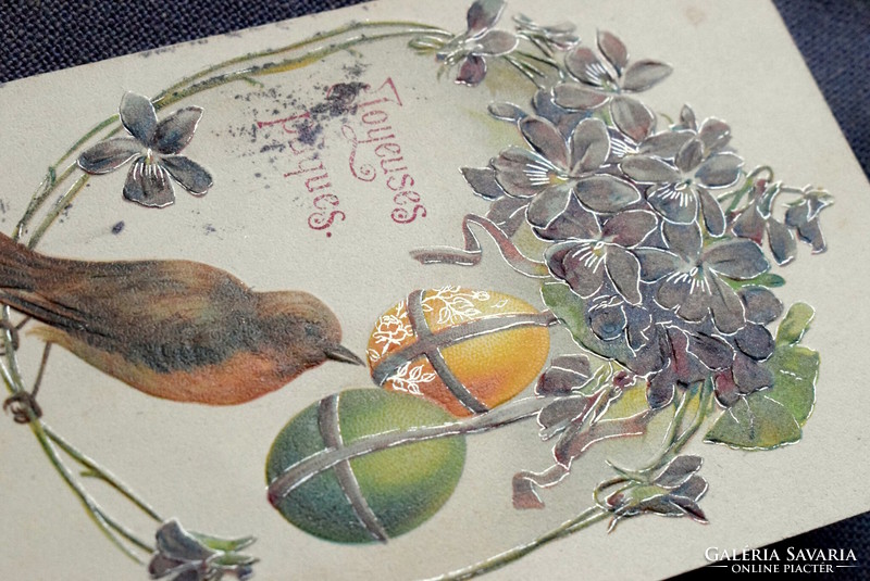 Antique embossed Easter greeting card bird egg violet from 1906