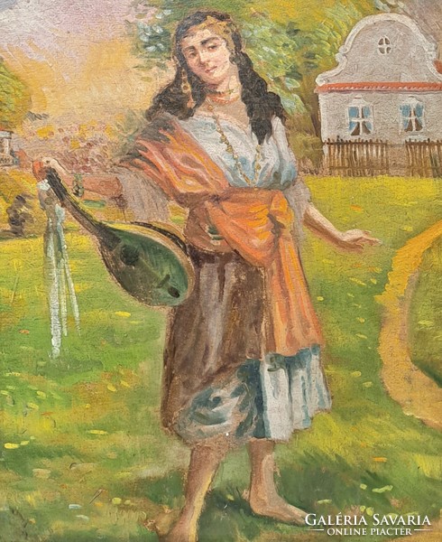 Gypsy girl with mandolin - old oil painting