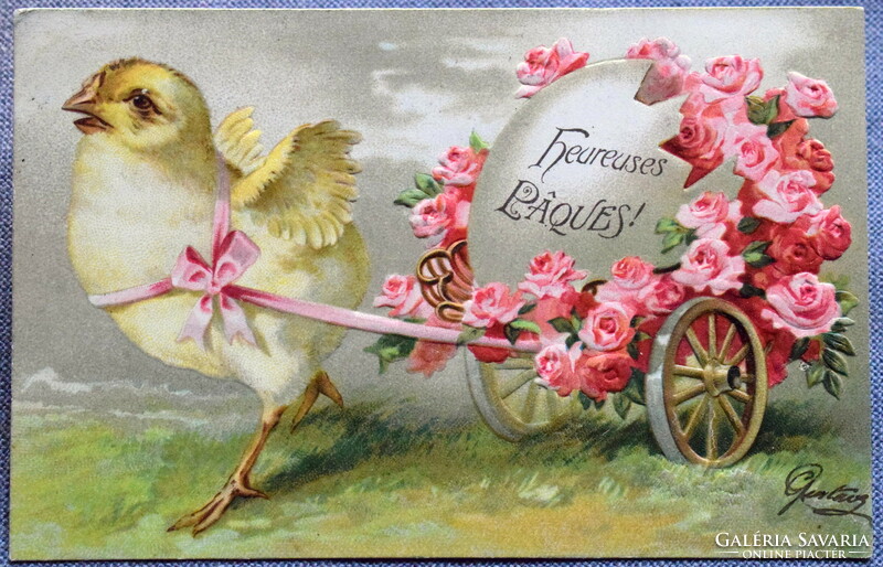 Antik dombornyomott Húsvéti üdvözlő képeslap  csibe rózsás tojás kordé 1906ból