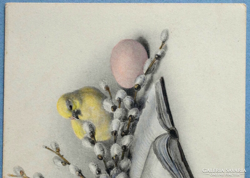 Antik MM Vienne Húsvéti üdvözlő képeslap kézzel színezett /  csibék  tojás barka