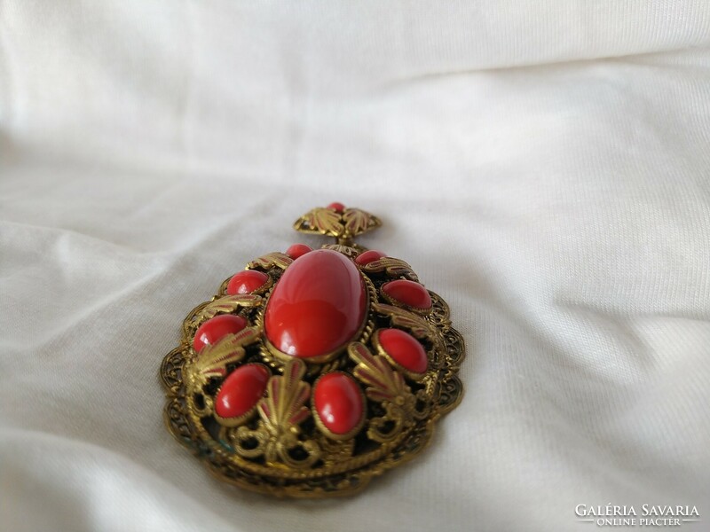 Beautiful large antique pendant with red coral/glass stones