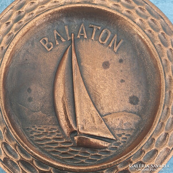 Retro decorative plate from Balaton, sailboat, bronze or bronzed