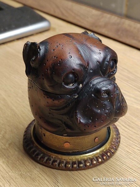 English Victorian 1870 wooden copper bulldog dog figural inkstand antique