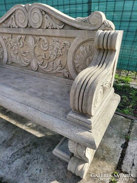 Decorative carved sandstone outdoor bench, garden bench