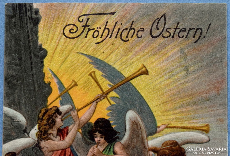 Antik Húsvéti  litho üdvözlő képeslap  arangtoronyban harsonázó angyalok   1902ből