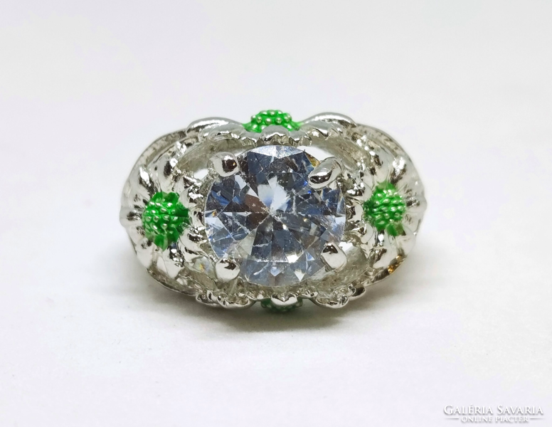 925-s silver plated gyűrű, CZ kővel, zöld tónusú margaréta díszítéssel
