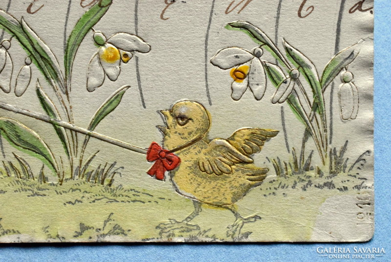 Antique art nouveau embossed Easter greeting card rabbit lord chick walks violet