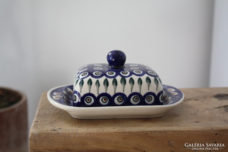 Wonderful hand painted blue ceramic butter dish - beautiful flawless