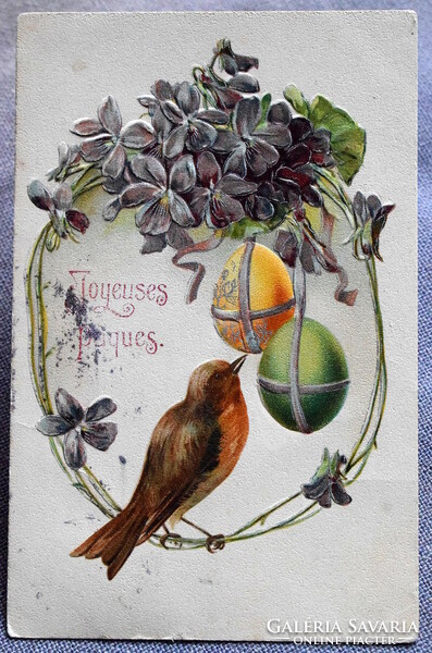 Antique embossed Easter greeting card bird egg violet from 1906