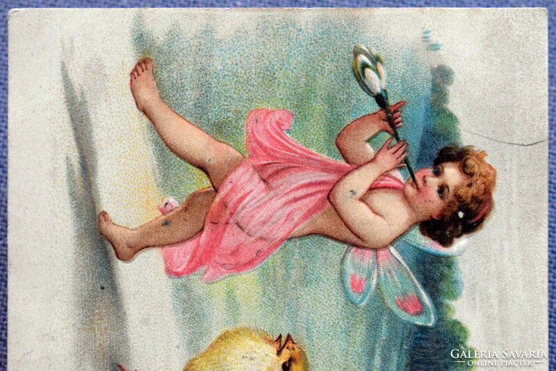Antik dombornyomott Húsvéti üdvözlő képeslap  tündér hóvirág csibék 1908ból