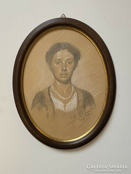 Portrait of a young woman marked 1920 pencil graphic painting in an oval frame
