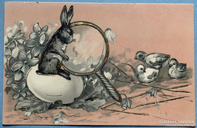 Antique gold pressed Easter greeting card with bunny magnifier, chicks violet