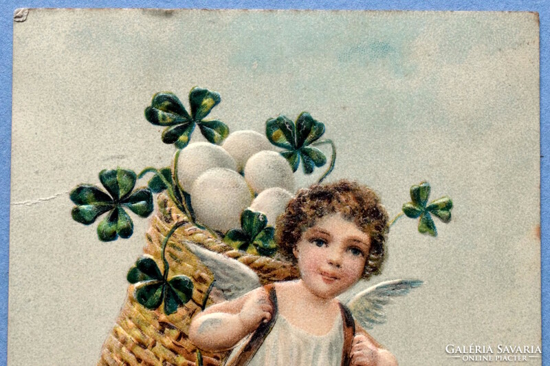 Antik dombornyomott Húsvéti üdvözlő képeslap  angyalka tojás kosár 4levelű lóhere  1907ből