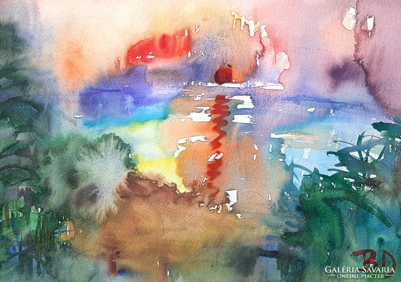 Diana of Beleznay: sunrise, Tunisia (watercolor silver frame) daughter of Erika Juhász - contemporary female painter