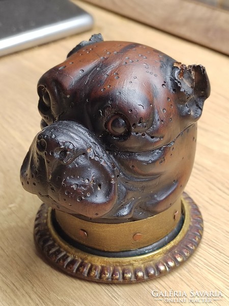 English Victorian 1870 wooden copper bulldog dog figural inkstand antique