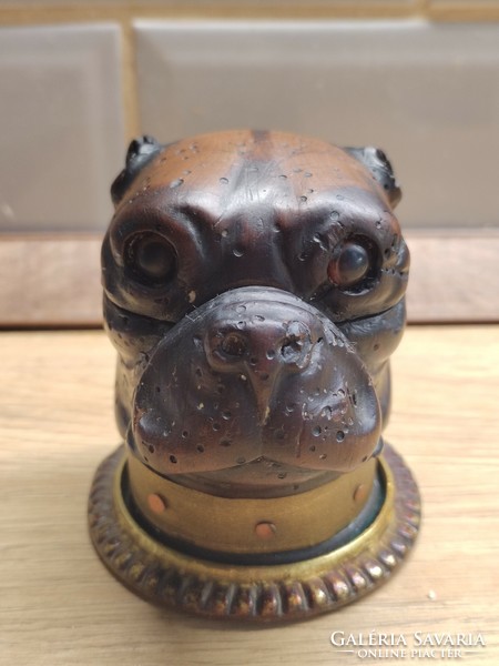 English Victorian 1870 wooden copper bulldog dog figural inkstand antique