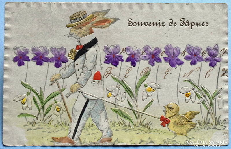 Antique art nouveau embossed Easter greeting card rabbit lord chick walks violet