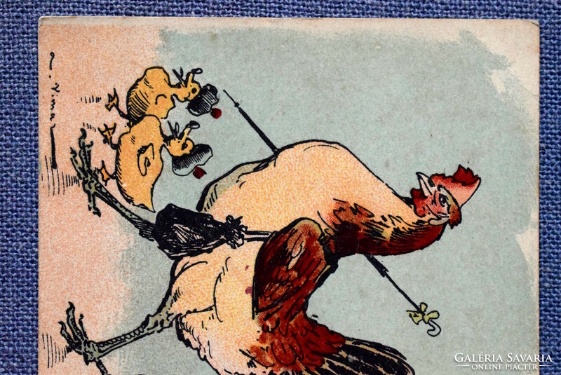 Antik üdvözlő képeslap  tyúkhölgy kiskacsák  hátoldalán reklám  1912ből