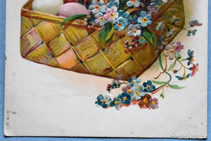 Antique embossed Easter greeting card with rooster eggs from 1909