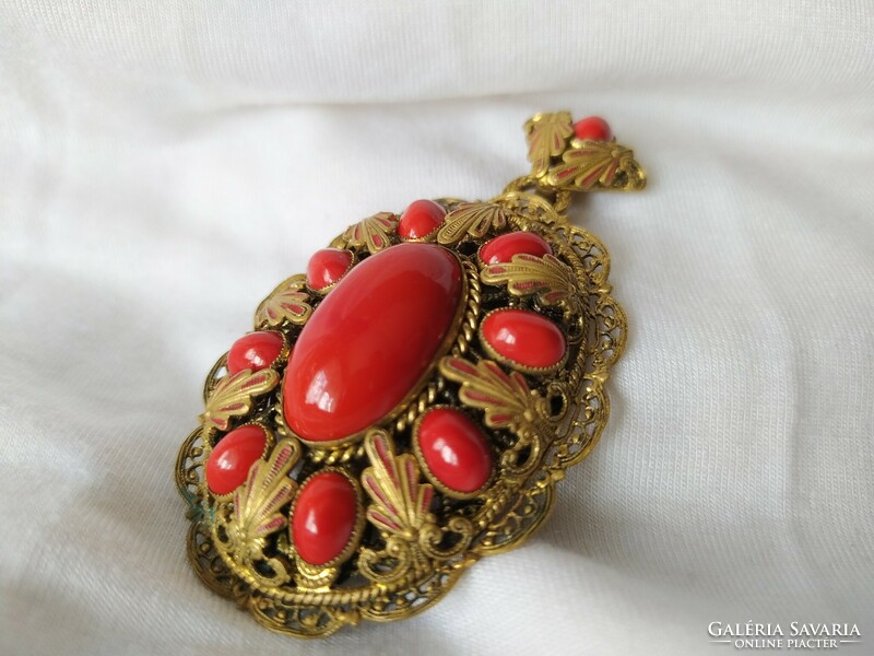 Beautiful large antique pendant with red coral/glass stones