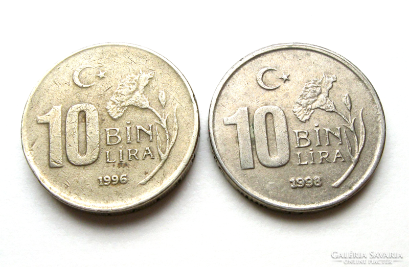 Törökország –2 db-os 10 BIN Líra Lot -  1996 & 1998 - egyenes és fordított peremirat