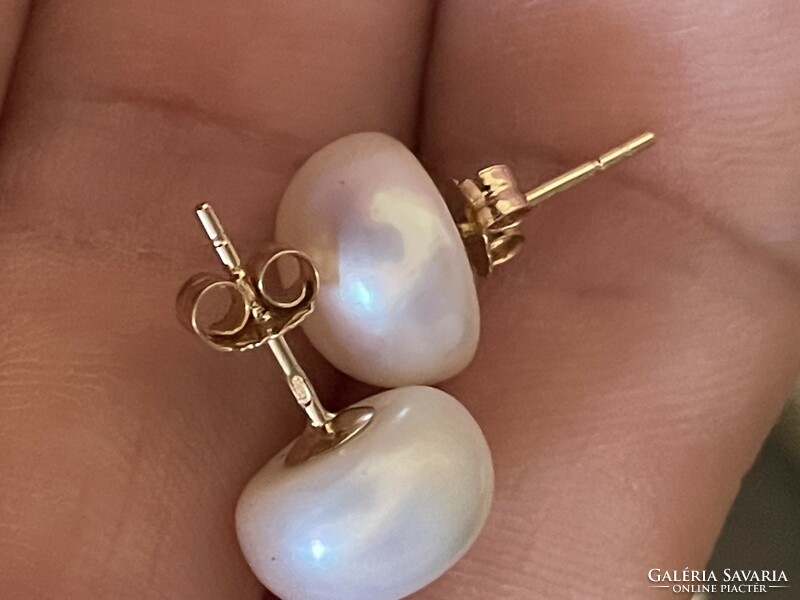 14K gold 585 real pearl earrings, large pearl