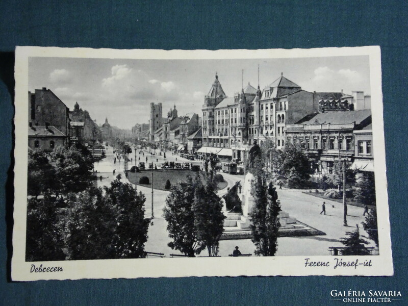 Postcard, Debrecen, Ferenc József út, view, monument, tram, hostel