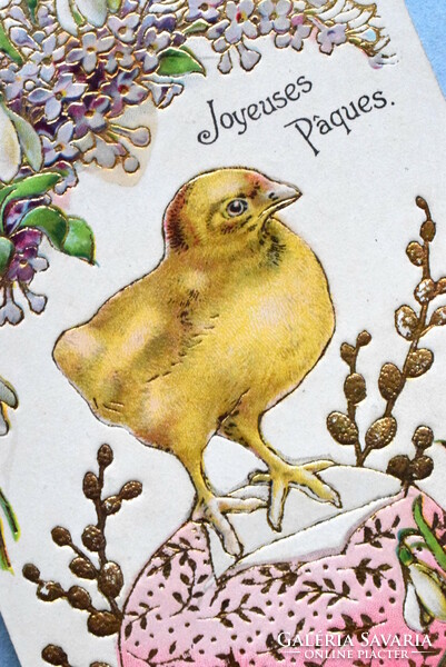 Antik arannnyal préselt Húsvéti üdvözlő képeslap   csibe tojás barka 1905ből
