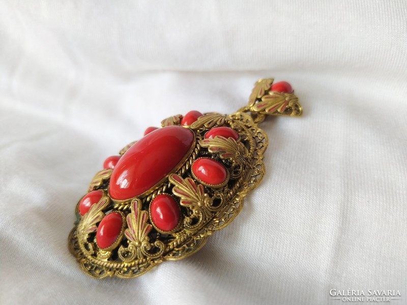 Beautiful large antique pendant with red coral/glass stones