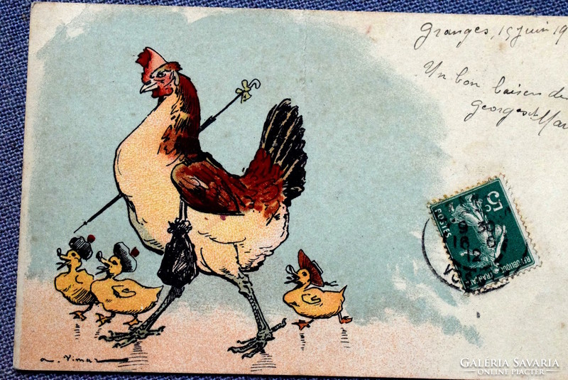 Antik üdvözlő képeslap  tyúkhölgy kiskacsák  hátoldalán reklám  1912ből