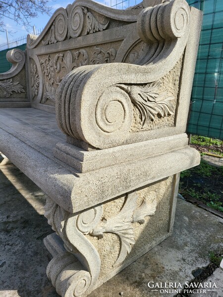 Decorative carved sandstone outdoor bench, garden bench