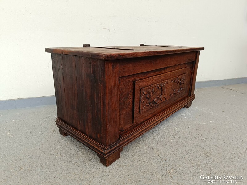 Antique carved wooden open top hardwood chest with iron fittings 231 8447