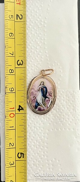 Antique gold Virgin Mary pendant, fire enamel, damaged!!