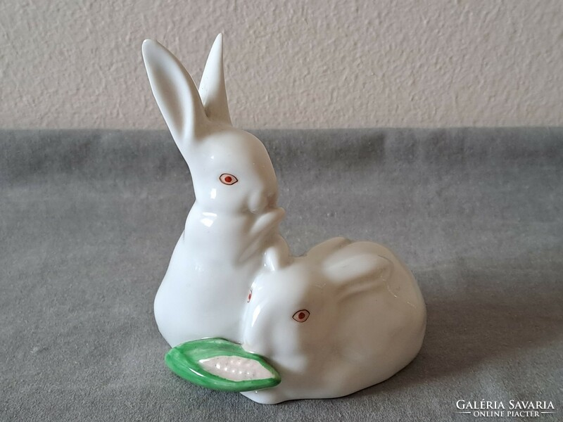 I.O. Herend corn-picking rabbits / bunny couple porcelain figure