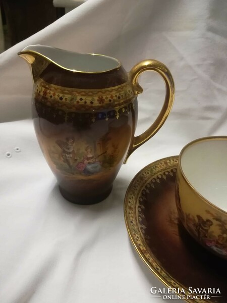 Régi cseh porcelán teás szett, tejkiöntővel, 1900-as évek eleje
