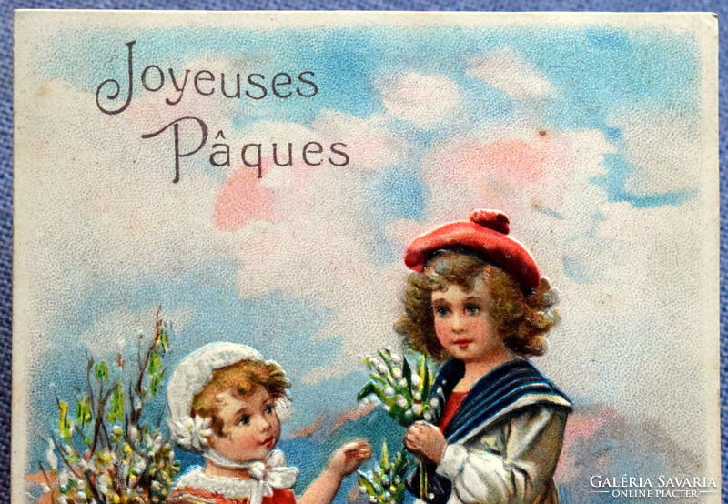 Antik dombornyomott Húsvéti üdvözlő képeslap  gyerekek  1909ből