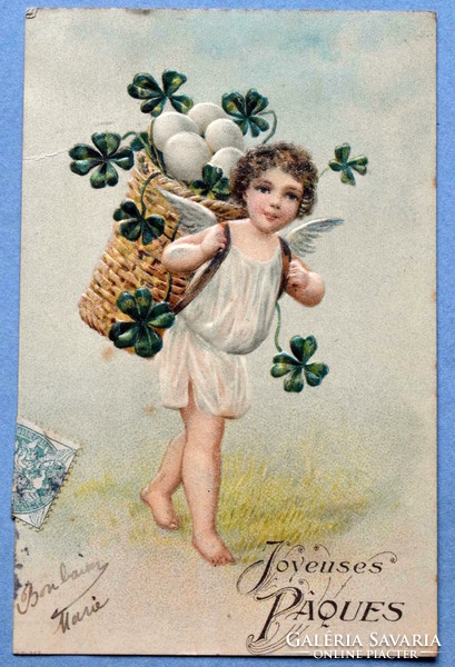 Antique embossed Easter greeting card angel egg basket 4-leaf clover from 1907