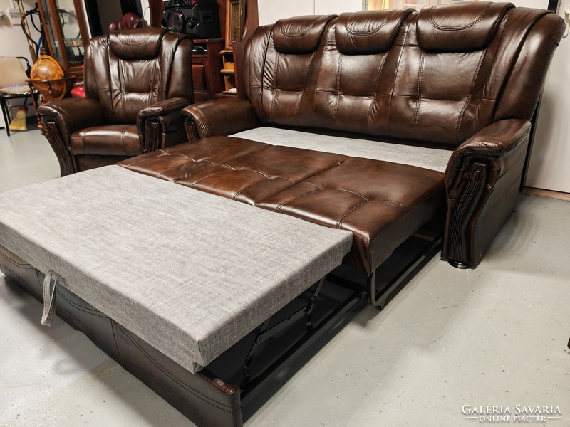 A sofa with a huge bed and two relax armchairs, a genuine leather seating set can be ordered