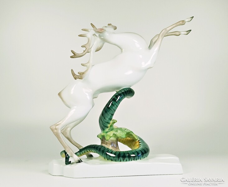 Herendi, Death of a deer, mythology, snake with deer, hand-painted porcelain figure (b162)