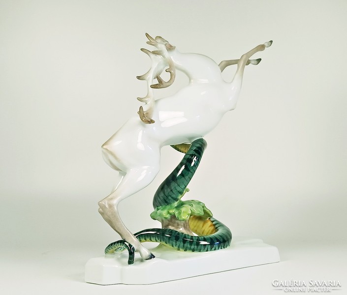 Herendi, Death of a deer, mythology, snake with deer, hand-painted porcelain figure (b162)