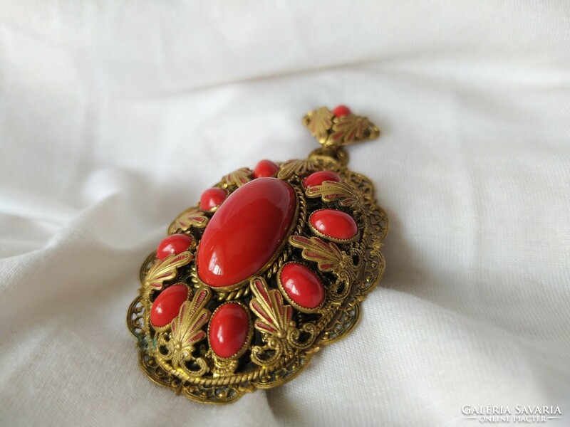 Beautiful large antique pendant with red coral/glass stones