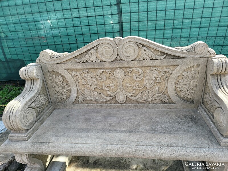 Decorative carved sandstone outdoor bench, garden bench