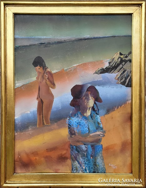 Art gallery painting by István Eigel (1922-2000) of two generations with original guarantee!