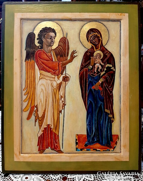 Holy icon apparition of the Virgin Mary painted on wood, painting 30 cm x 37 cm